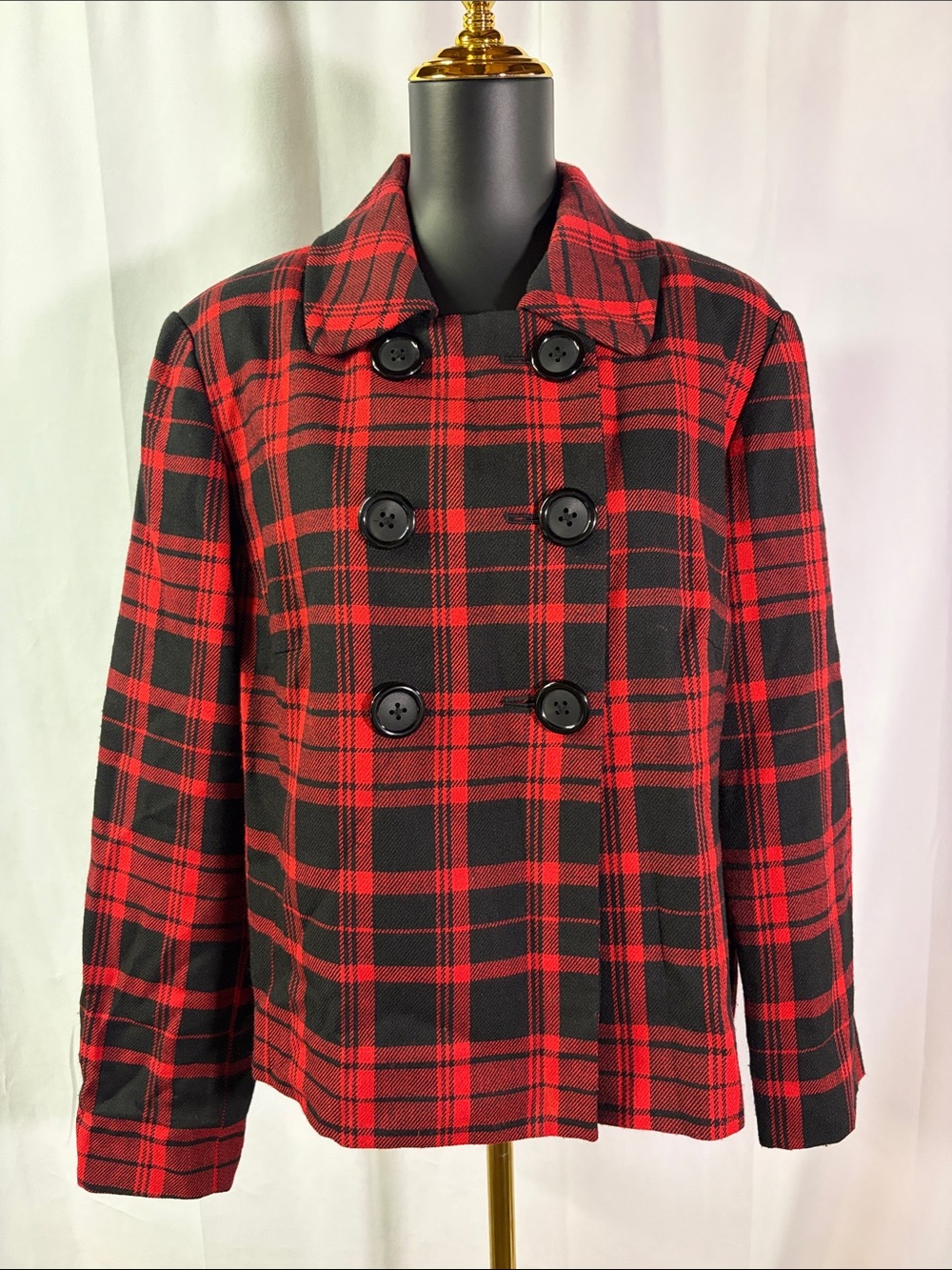 Briggs New York Red & Black Plaid Wool Blend Peacoat